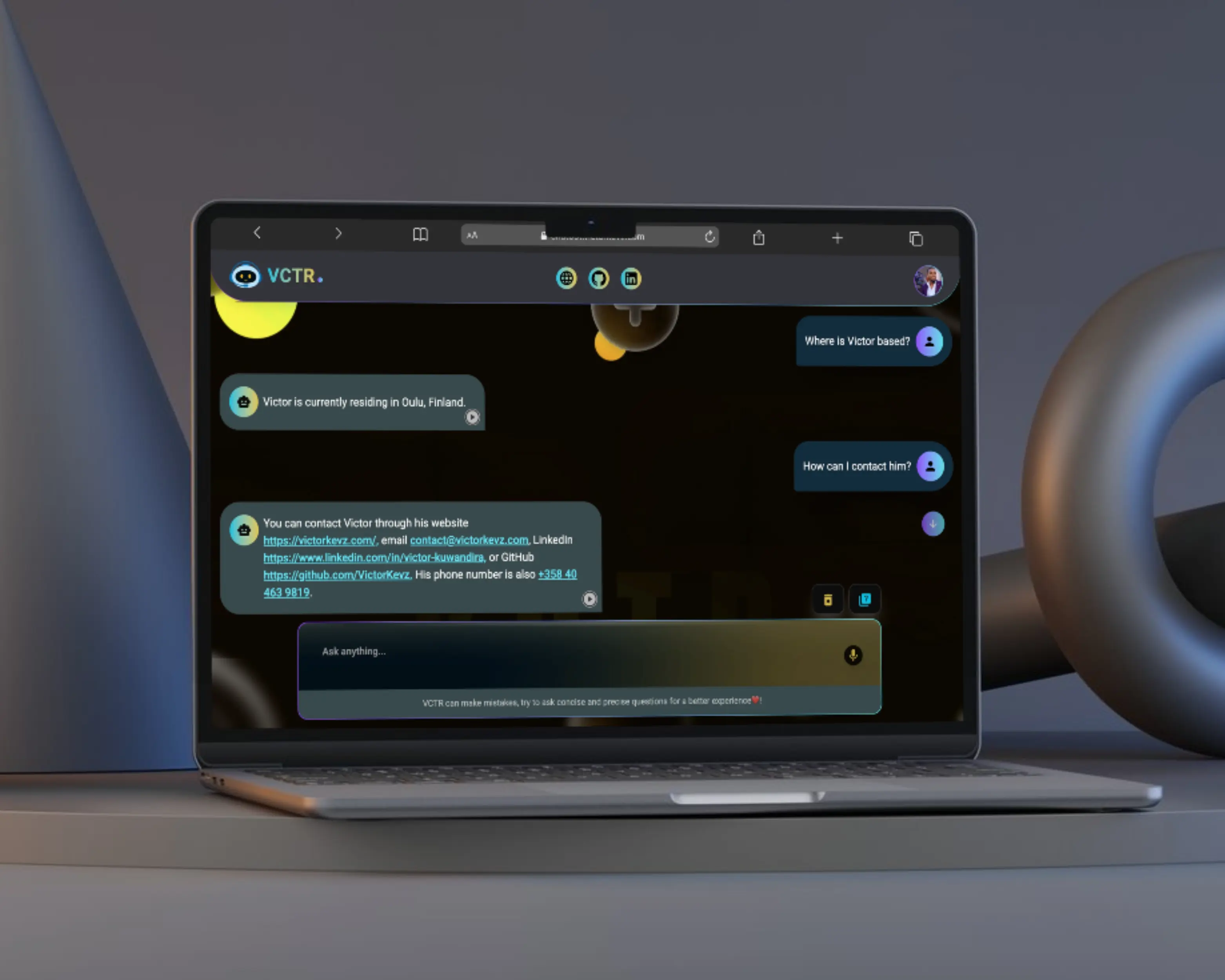 VCTR AI active conversation showing multi-turn responses and message history